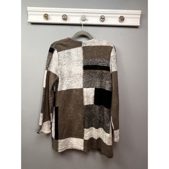 Chicos Patchwork Cardigan Womens Small 0 Brown Tan‎ soft Clasp Office Fall - Picture 2 of 7